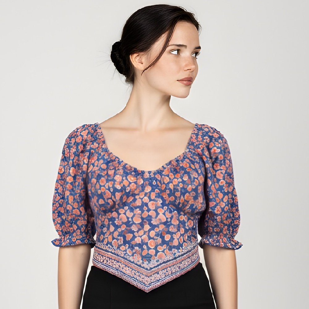 EUC Japna SZ M blue/pink/red floral crop top w/rear smocked waist/bust 34”-36”